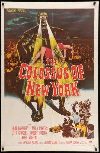 8p181 COLOSSUS OF NEW YORK 1sh '58 great art of robot monster holding sexy girl & attacking!