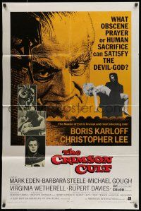 8p195 CRIMSON CULT 1sh '70 Boris Karloff, Christopher Lee, what can satisfy the devil-god?