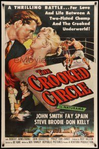8p196 CROOKED CIRCLE 1sh '57 two-fisted boxing champ vs crooked underworld, cool art!