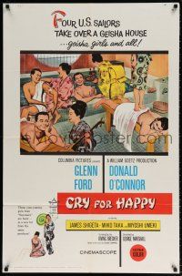 8p197 CRY FOR HAPPY 1sh '60 Glenn Ford & Donald O'Connor take over a geisha house & the girls too!