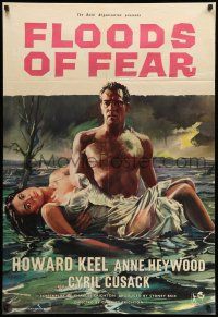 8p308 FLOODS OF FEAR English 1sh '59 art of barechested Howard Keel holding sexy Anne Heywood!