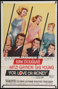 8p313 FOR LOVE OR MONEY 1sh '63 Kirk Douglas carries sexy Mitzi Gaynor, Thelma Ritter!