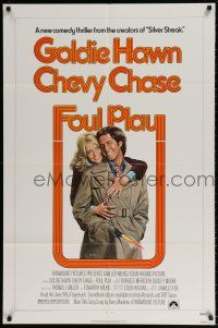 8p319 FOUL PLAY 1sh '78 wacky Lettick art of Goldie Hawn & Chevy Chase, screwball comedy!