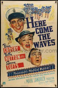 8p417 HERE COME THE WAVES style A 1sh '44 art of Navy sailor Bing Crosby & Betty Hutton singing!