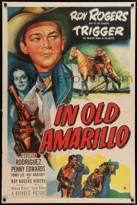 8p477 IN OLD AMARILLO 1sh '51 cool art of Roy Rogers & his horse Trigger in Texas!