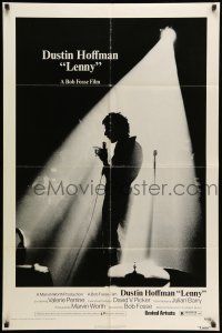 8p575 LENNY 1sh '74 silhouette image of Dustin Hoffman as comedian Lenny Bruce at microphone!