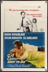 8p610 LOVELY WAY TO DIE 1sh '68 great image of Kirk Douglas romancing Sylva Koscina!