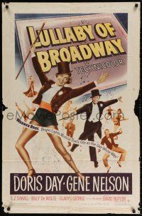 8p612 LULLABY OF BROADWAY 1sh '51 art of Doris Day & Gene Nelson in top hat and tails!