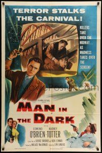 8p622 MAN IN THE DARK 2D 1sh '53 really cool art of men fighting on rollercoaster!