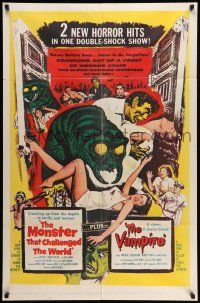 8p658 MONSTER THAT CHALLENGED THE WORLD/VAMPIRE 1sh '57 two horror hits in a double-shock show!