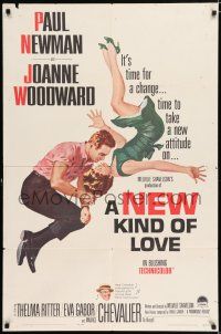 8p693 NEW KIND OF LOVE 1sh '63 Paul Newman loves Joanne Woodward, great romantic image!