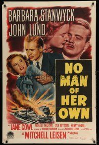 8p698 NO MAN OF HER OWN 1sh '50 Barbara Stanwyck, cool artwork of exploding train!