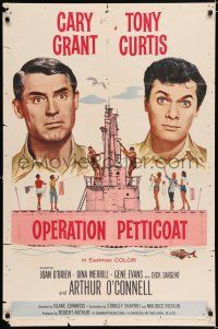 8p711 OPERATION PETTICOAT 1sh '59 great artwork of Cary Grant & Tony Curtis on pink submarine!