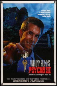 8p747 PSYCHO III advance 1sh '86 great close image of Anthony Perkins as Norman Bates, horror sequel