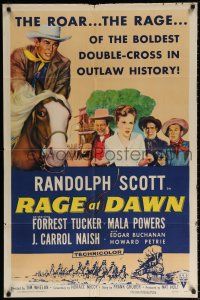 8p753 RAGE AT DAWN style A 1sh '55 cool artwork of outlaw hunter Randolph Scott, Mala Powers!