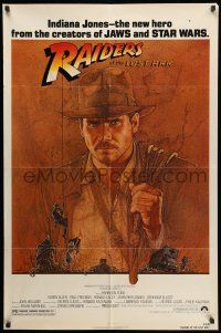 8p756 RAIDERS OF THE LOST ARK 1sh '81 great art of adventurer Harrison Ford by Richard Amsel!