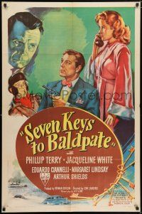 8p806 SEVEN KEYS TO BALDPATE style A 1sh '47 art of sexy Jacqueline White & Phillip Terry!