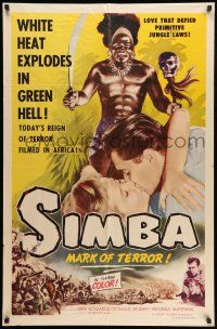 8p826 SIMBA style B 1sh '55 Dirk Bogarde, Virginia McKenna, white heat explodes in green hell!