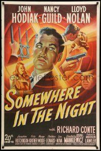 8p844 SOMEWHERE IN THE NIGHT 1sh '46 John Hodiak, Nancy Guild, cool stone litho noir montage!