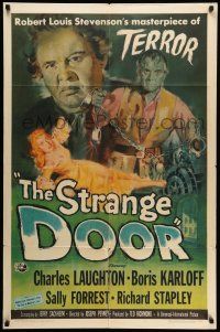 8p872 STRANGE DOOR 1sh '51 art of chained Boris Karloff, Charles Laughton & sexy Sally Forrest!