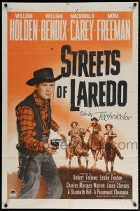 8p878 STREETS OF LAREDO 1sh R56 cool image of cowboy William Holden with pistol drawn!