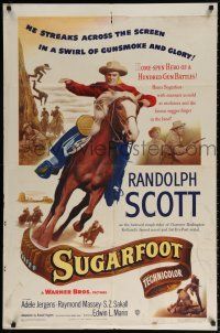 8p883 SUGARFOOT 1sh '51 cool full-length artwork of cowboy Randolph Scott on horseback!