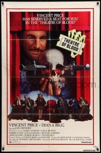 8p910 THEATRE OF BLOOD 1sh '73 great art of Vincent Price holding bloody skull w/dead audience!