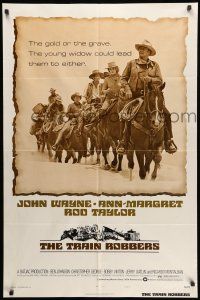 8p940 TRAIN ROBBERS style B 1sh '73 cowboy John Wayne & Ann-Margret on horseback!