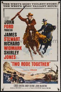8p947 TWO RODE TOGETHER 1sh '61 John Ford, art of James Stewart & Richard Widmark on horses!