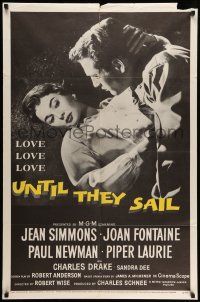 8p952 UNTIL THEY SAIL 1sh '57 great romantic close up of Paul Newman & pretty Jean Simmons!