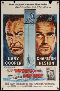 8p987 WRECK OF THE MARY DEARE 1sh '59 portrait artwork of Gary Cooper & Charlton Heston!