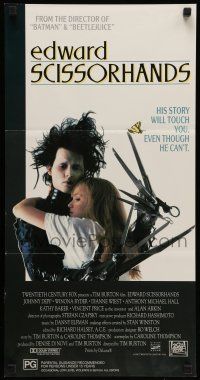 8r735 EDWARD SCISSORHANDS Aust daybill '90 Tim Burton classic, scarred Johnny Depp & Winona Ryder!