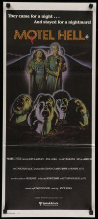 8r852 MOTEL HELL Aust daybill '80 wild horror art, they came for a night, stayed for a nightmare!