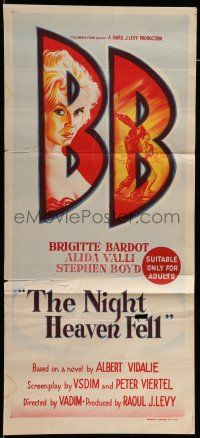 8r860 NIGHT HEAVEN FELL Aust daybill '58 sexy Brigitte Bardot, Stephen Boyd, Alida Valli