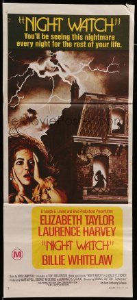 8r862 NIGHT WATCH Aust daybill '73 Laurence Harvey, art of frightened Elizabeth Taylor!