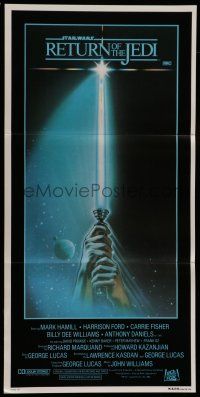 8r895 RETURN OF THE JEDI style A Aust daybill '83 art of hands holding lightsaber by Tim Reamer!