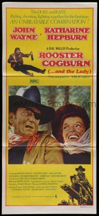 8r905 ROOSTER COGBURN Aust daybill '75 great art of John Wayne with eyepatch & Katharine Hepburn!