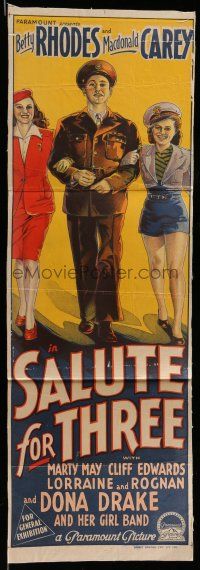 8r908 SALUTE FOR THREE Aust daybill '43 stone litho of sexy Betty Rhodes, Macdonald Carey & Drake!