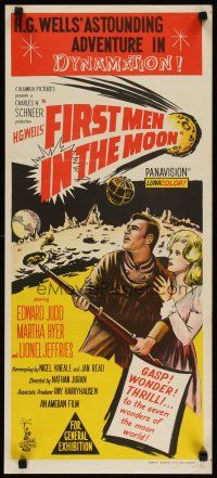 8r747 FIRST MEN IN THE MOON Aust daybill '64 Ray Harryhausen, H.G. Wells, fantastic sci-fi art!