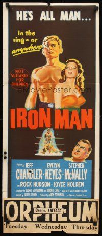 8r806 IRON MAN Aust daybill '51 art of boxer Jeff Chandler with Evelyn Keyes & in boxing ring!