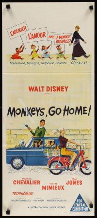 8r847 MONKEYS GO HOME Aust daybill '67 Disney, art of Maurice Chevalier, Yvette Mimieux & apes!