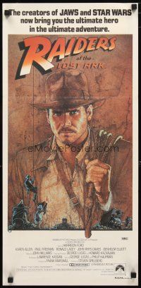 8r885 RAIDERS OF THE LOST ARK Aust daybill '81 great artwork of Harrison Ford by Richard Amsel!