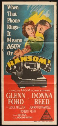 8r890 RANSOM Aust daybill '56 great image of Glenn Ford & Donna Reed waiting for call!
