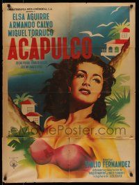 8r347 ACAPULCO Mexican poster '52 art of sexiest barely-dressed Elsa Aguirre by Leopoldo Mendoza!