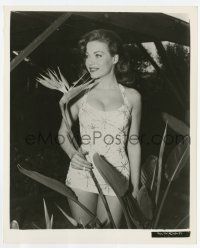 8s434 JUNE BLAIR 8.25x10 still '50s sexy close up in tight bathing suit holding bird of paradise!