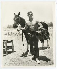 8s862 TAB HUNTER 8.25x10 still '50s leading his horse & holding saddle while shirtless in the sun!