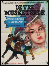 8t595 FIGHTING MUSKETEERS Danish '62 art of Mylene Demongeot, the Three Musketeers!