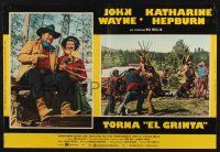 8t185 ROOSTER COGBURN Italian photobusta '75 John Wayne with eyepatch & Katharine Hepburn!
