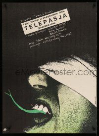 8t471 BROADCAST NEWS Polish 27x37 '89 different Pagowski art of blindfolded girl w/ forked tongue!