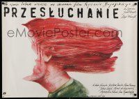 8t499 INTERROGATION Polish 27x38 '82 wild Pagowski art of woman with gagged face in her hair!